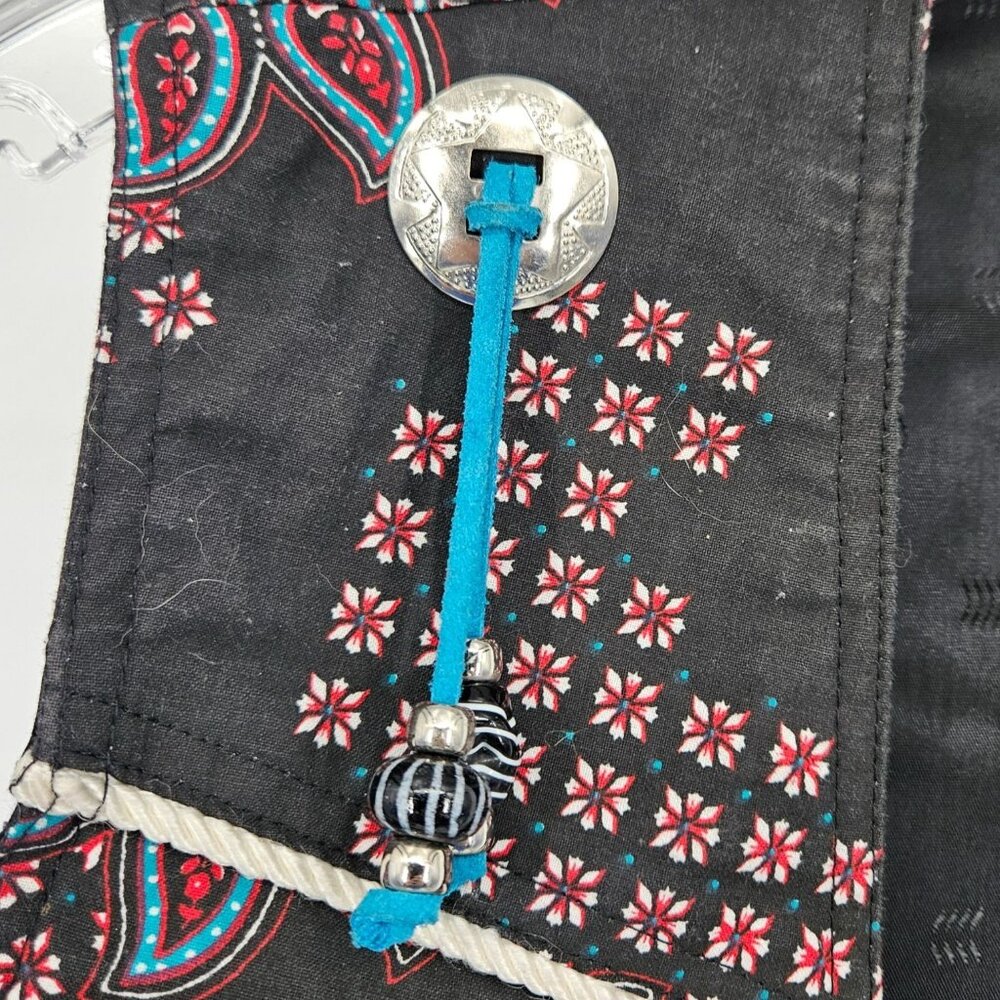 Western Boho Floral Vest Women Medium Black Blue Silver Buttons Beaded Lined - Picture 4 of 9